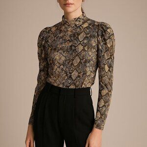 WAYF Second Skin Snake Print Puff Sleeve Mock Neck Top Sz M